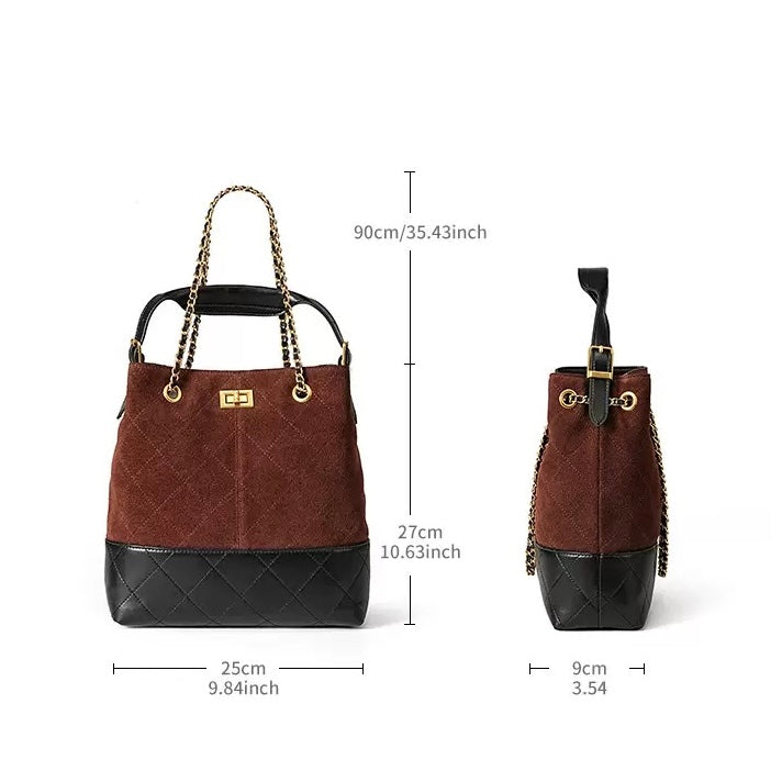 Women's Genuine Leather Suede Colorblock Chain Bucket Bag