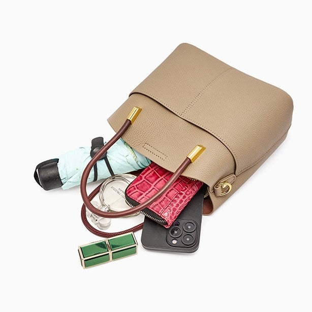 Women's Genuine Leather Color Block Bucket Crossbody Handbag