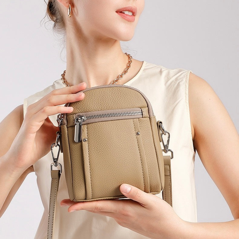 Women's Genuine Leather Mini Phone Crossbody Bag with Zipper