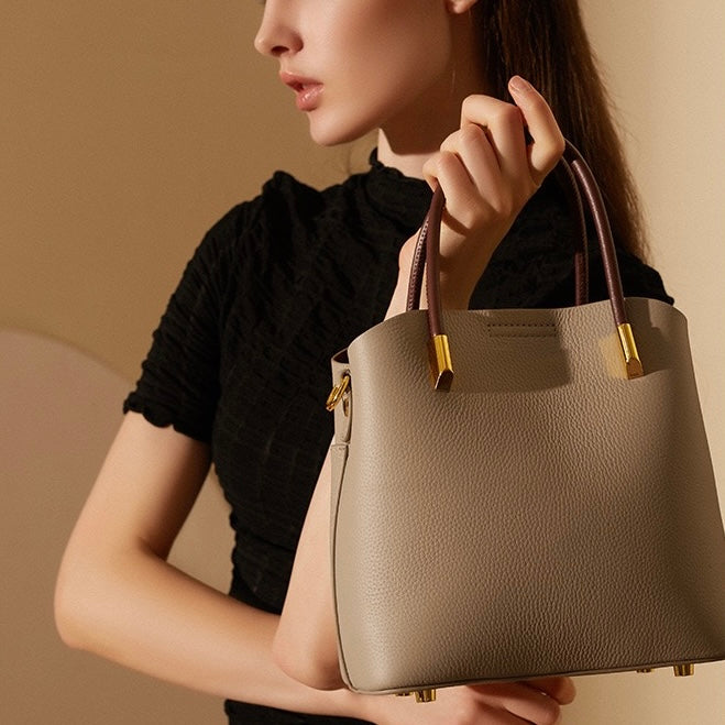 Women's Genuine Leather Color Block Bucket Crossbody Handbag