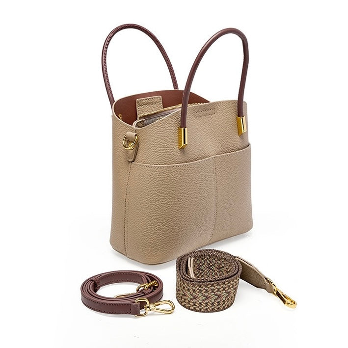 Women's Genuine Leather Color Block Bucket Crossbody Handbag