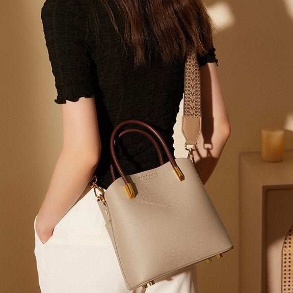 Women's Genuine Leather Color Block Bucket Crossbody Handbag