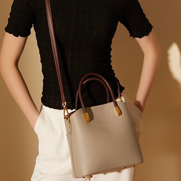 Women's Genuine Leather Color Block Bucket Crossbody Handbag