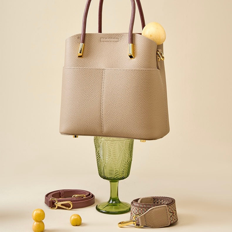 Women's Genuine Leather Color Block Bucket Crossbody Handbag