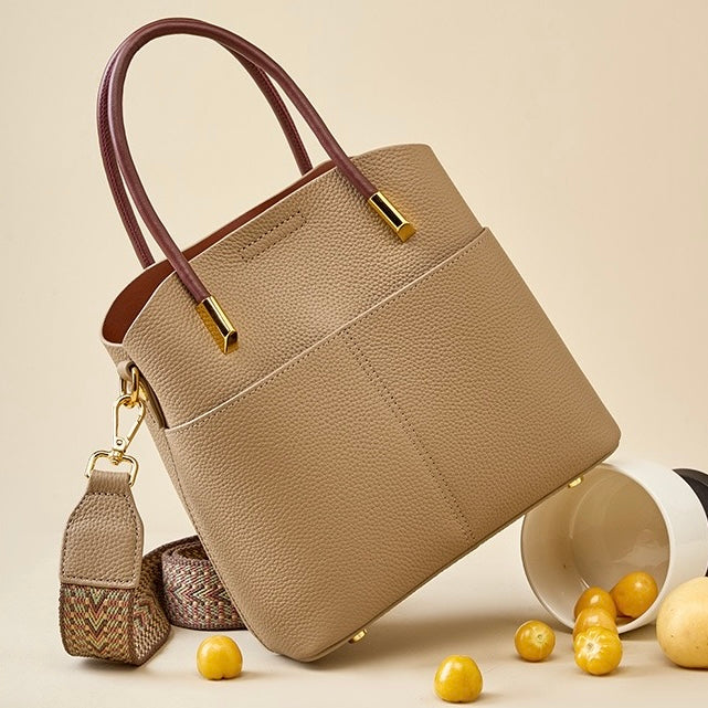 Women's Genuine Leather Color Block Bucket Crossbody Handbag