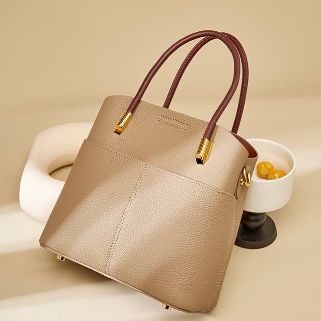 Women's Genuine Leather Color Block Bucket Crossbody Handbag