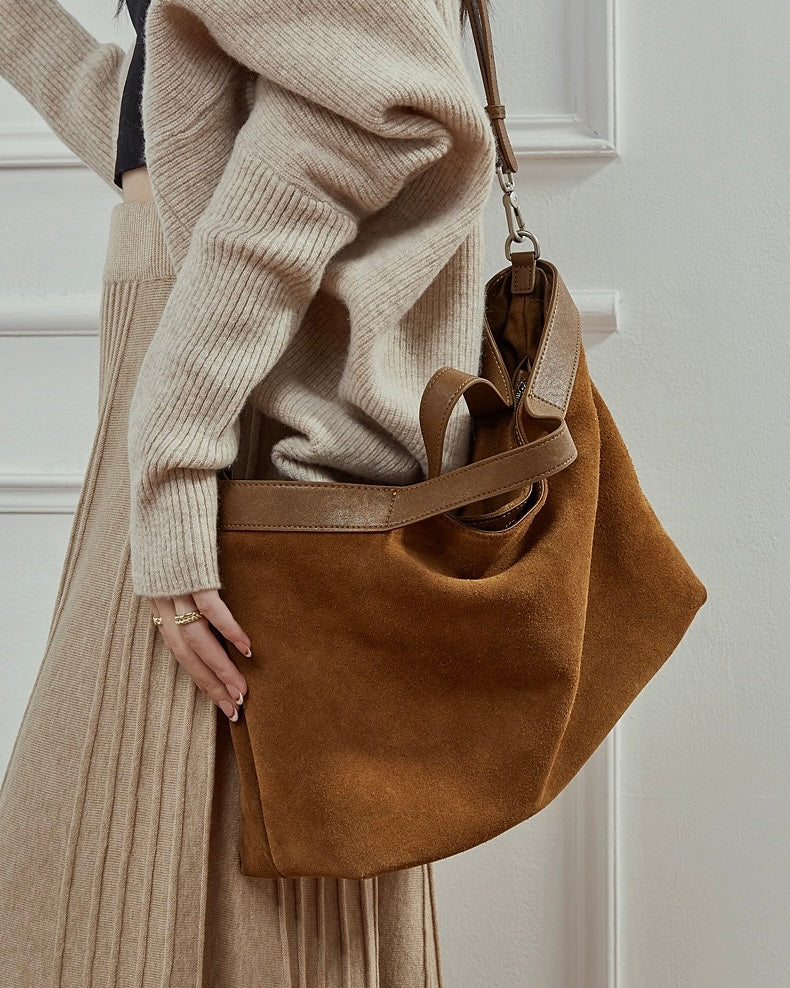 Women's Cowhide Patchwork Tote with Dual Shoulder Straps