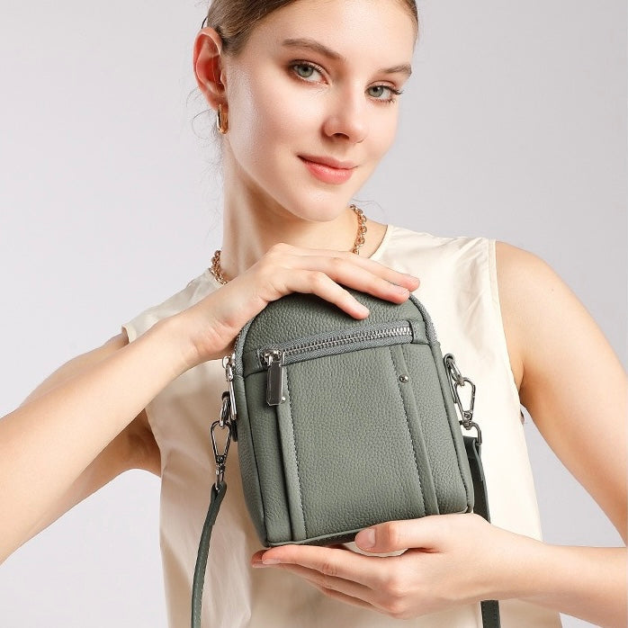 Women's Genuine Leather Mini Phone Crossbody Bag with Zipper