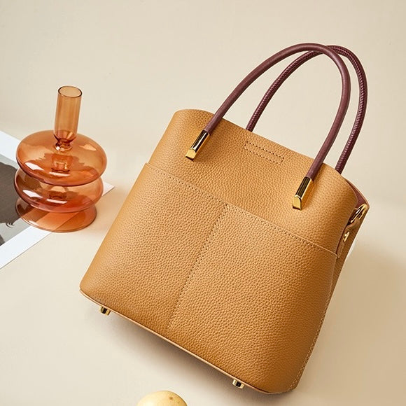 Women's Genuine Leather Color Block Bucket Crossbody Handbag