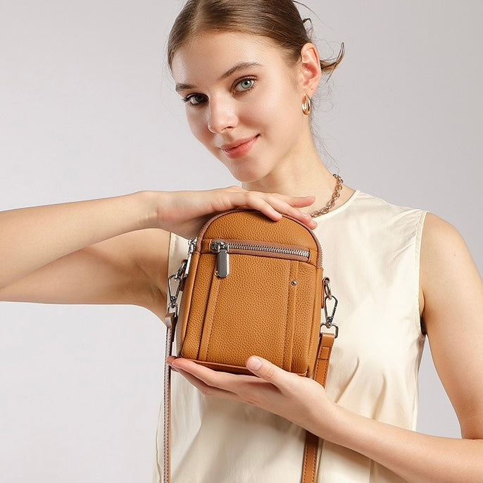 Women's Genuine Leather Mini Phone Crossbody Bag with Zipper
