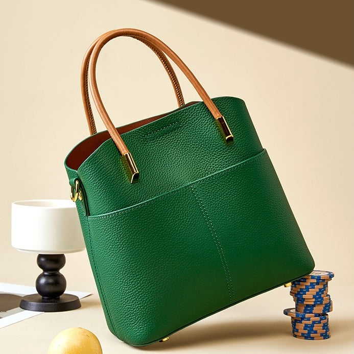 Women's Genuine Leather Color Block Bucket Crossbody Handbag