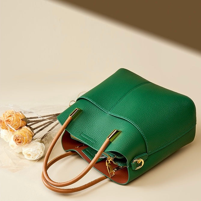 Women's Genuine Leather Color Block Bucket Crossbody Handbag