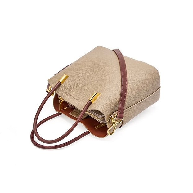 Women's Genuine Leather Color Block Bucket Crossbody Handbag
