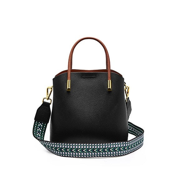 Women's Genuine Leather Color Block Bucket Crossbody Handbag