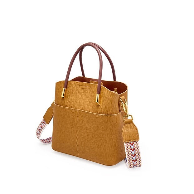 Women's Genuine Leather Color Block Bucket Crossbody Handbag