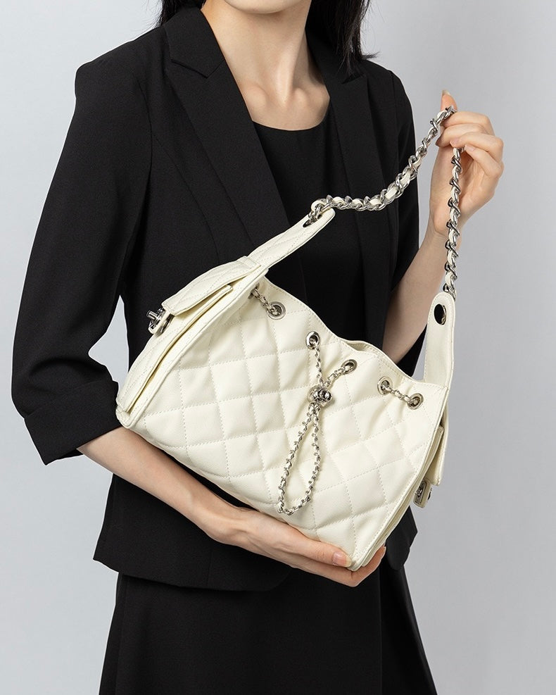 Women's Genuine Leather Quilted Bucket Shoulder Crossbody Bag