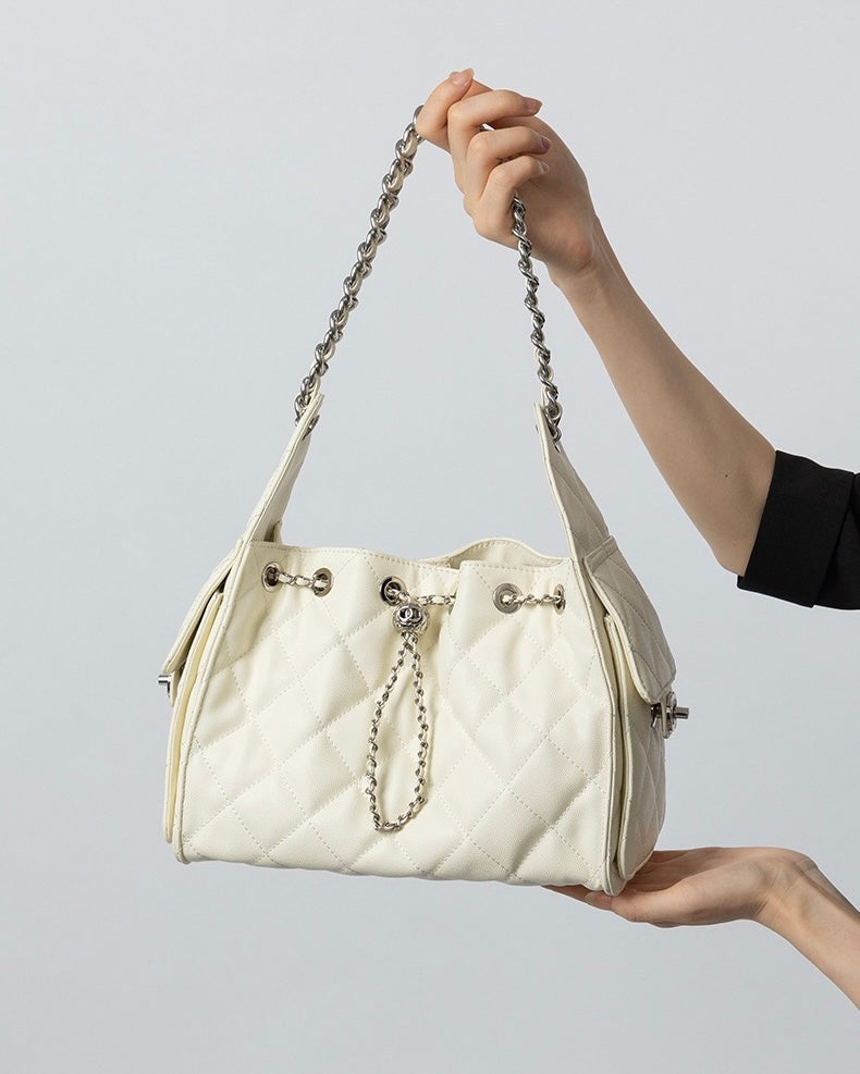 Women's Genuine Leather Quilted Bucket Shoulder Crossbody Bag