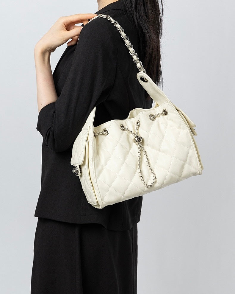 Women's Genuine Leather Quilted Bucket Shoulder Crossbody Bag