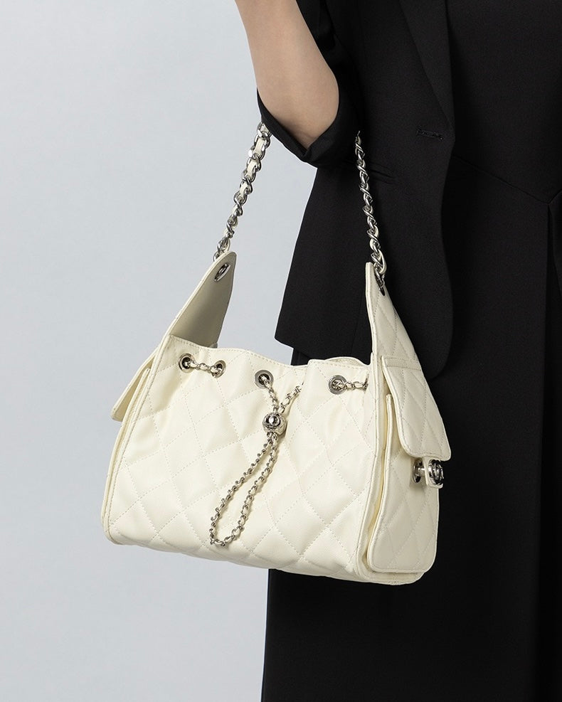 Women's Genuine Leather Quilted Bucket Shoulder Crossbody Bag