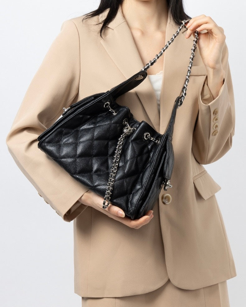 Women's Genuine Leather Quilted Bucket Shoulder Crossbody Bag