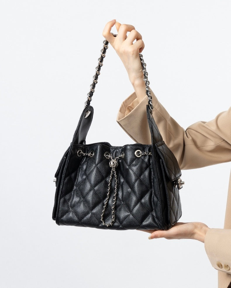Women's Genuine Leather Quilted Bucket Shoulder Crossbody Bag