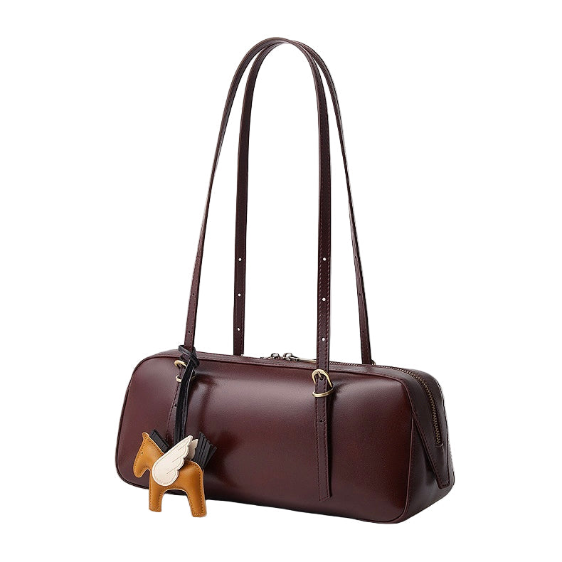 Women's Genuine Leather Retro Bowling Shoulder Bag with Horse Charm