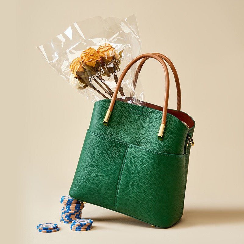 Women's Genuine Leather Color Block Bucket Crossbody Handbag