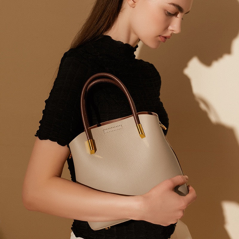 Women's Genuine Leather Color Block Bucket Crossbody Handbag