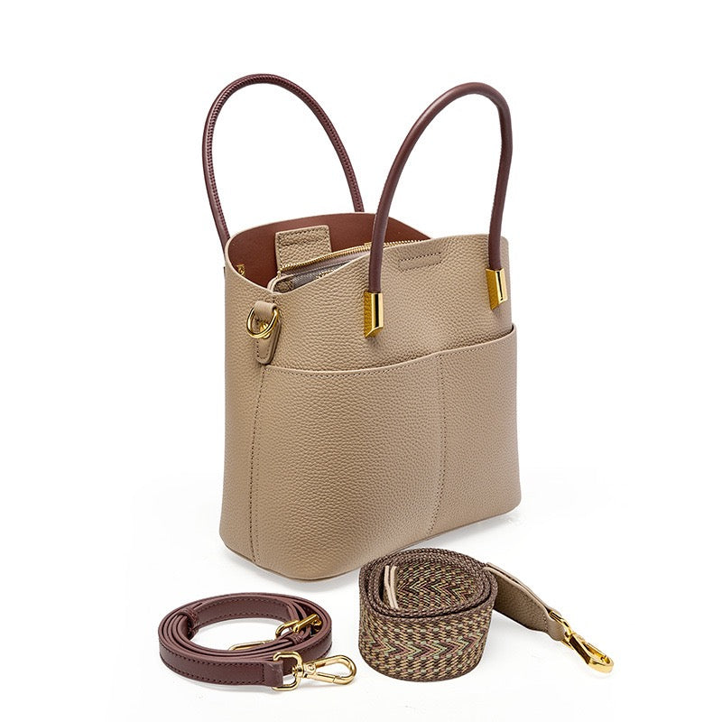 Women's Genuine Leather Color Block Bucket Crossbody Handbag