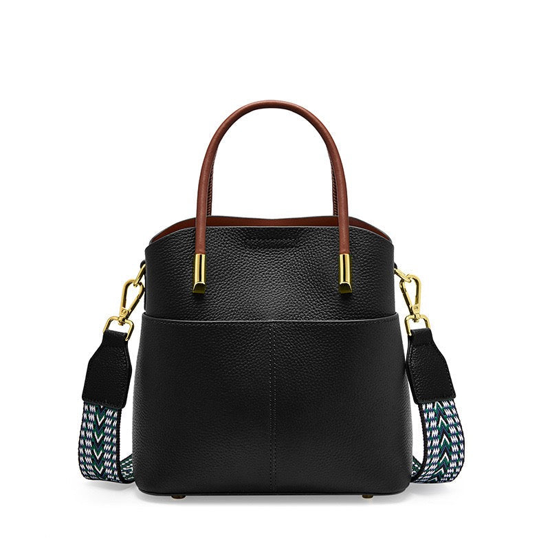 Women's Genuine Leather Color Block Bucket Crossbody Handbag
