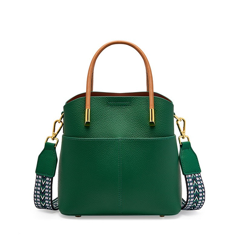 Women's Genuine Leather Color Block Bucket Crossbody Handbag