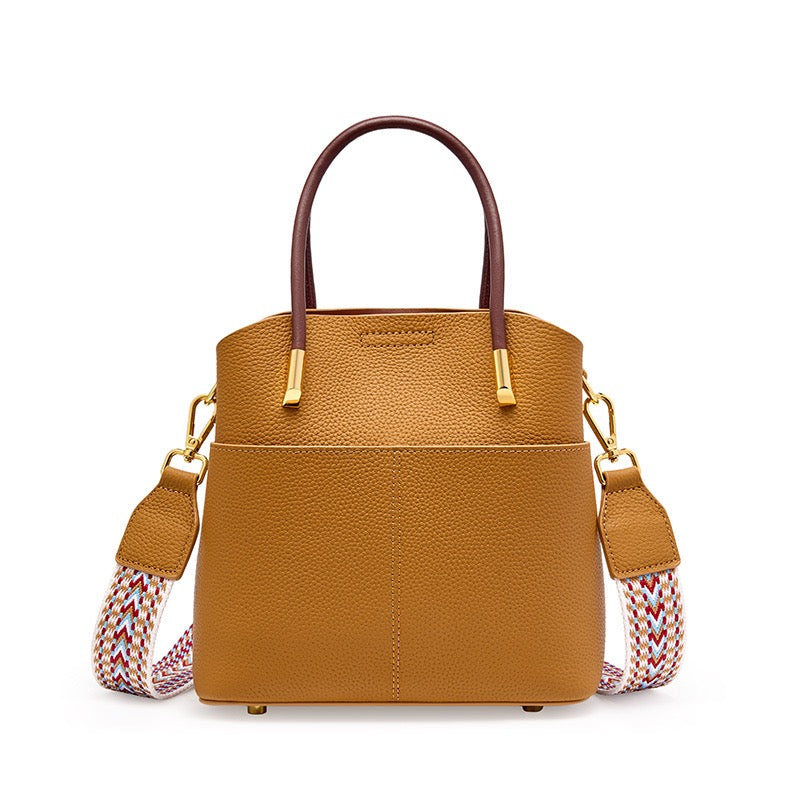 Women's Genuine Leather Color Block Bucket Crossbody Handbag