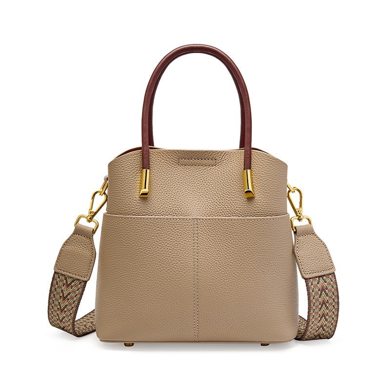 Women's Genuine Leather Color Block Bucket Crossbody Handbag