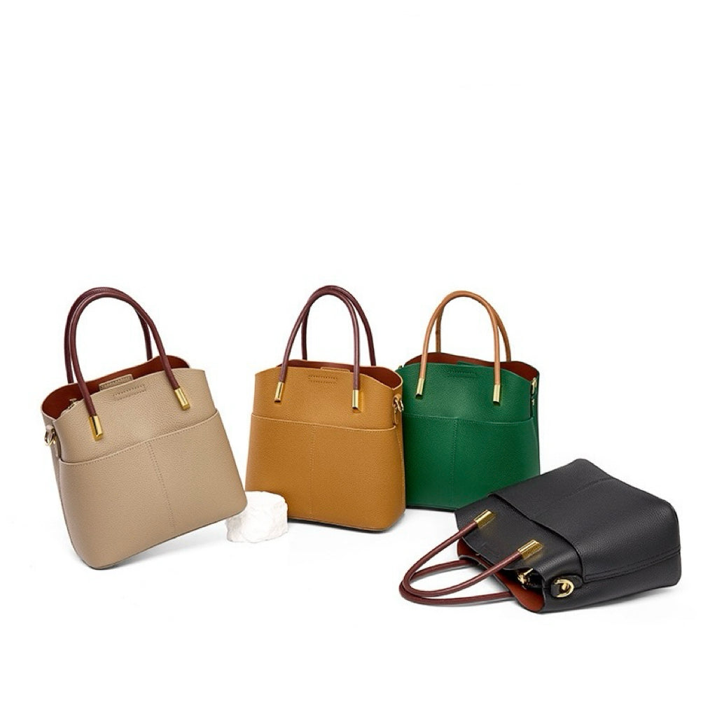 Women's Genuine Leather Color Block Bucket Crossbody Handbag