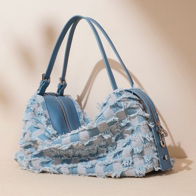Women's Genuine Leather Denim Patchwork Shoulder Bag