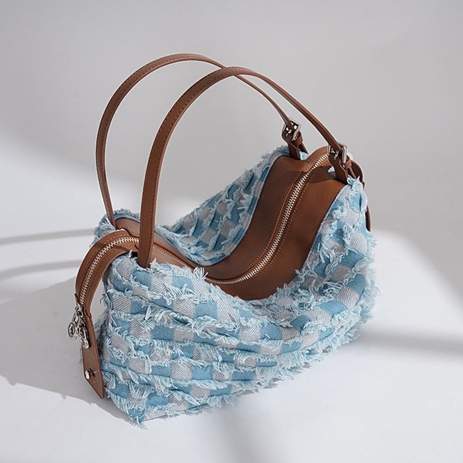 Women's Genuine Leather Denim Patchwork Shoulder Bag