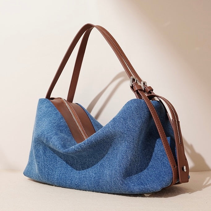 Women's Genuine Leather Denim Patchwork Shoulder Bag