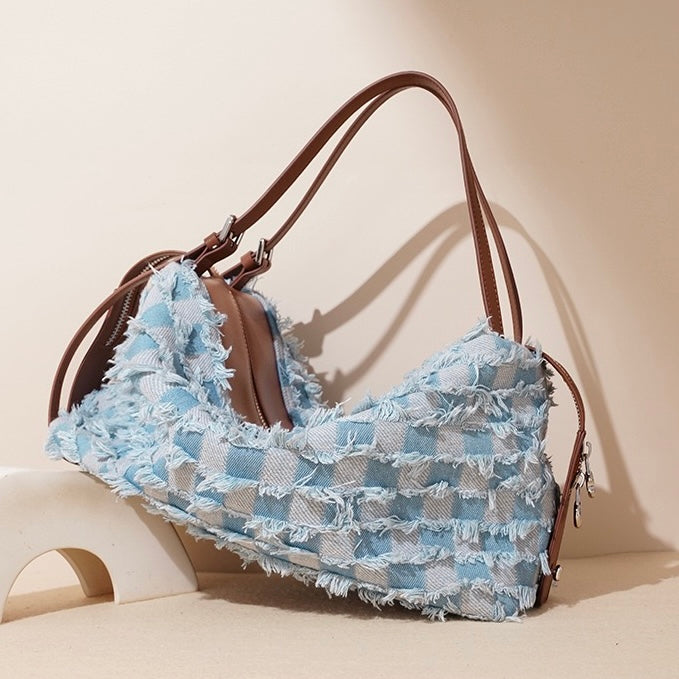 Women's Genuine Leather Denim Patchwork Shoulder Bag