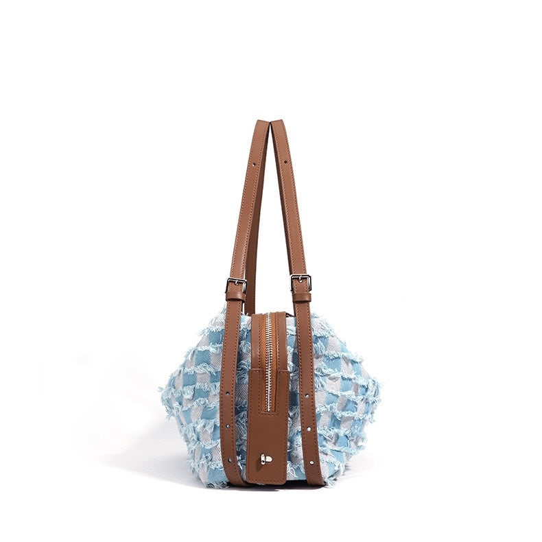 Women's Genuine Leather Denim Patchwork Shoulder Bag