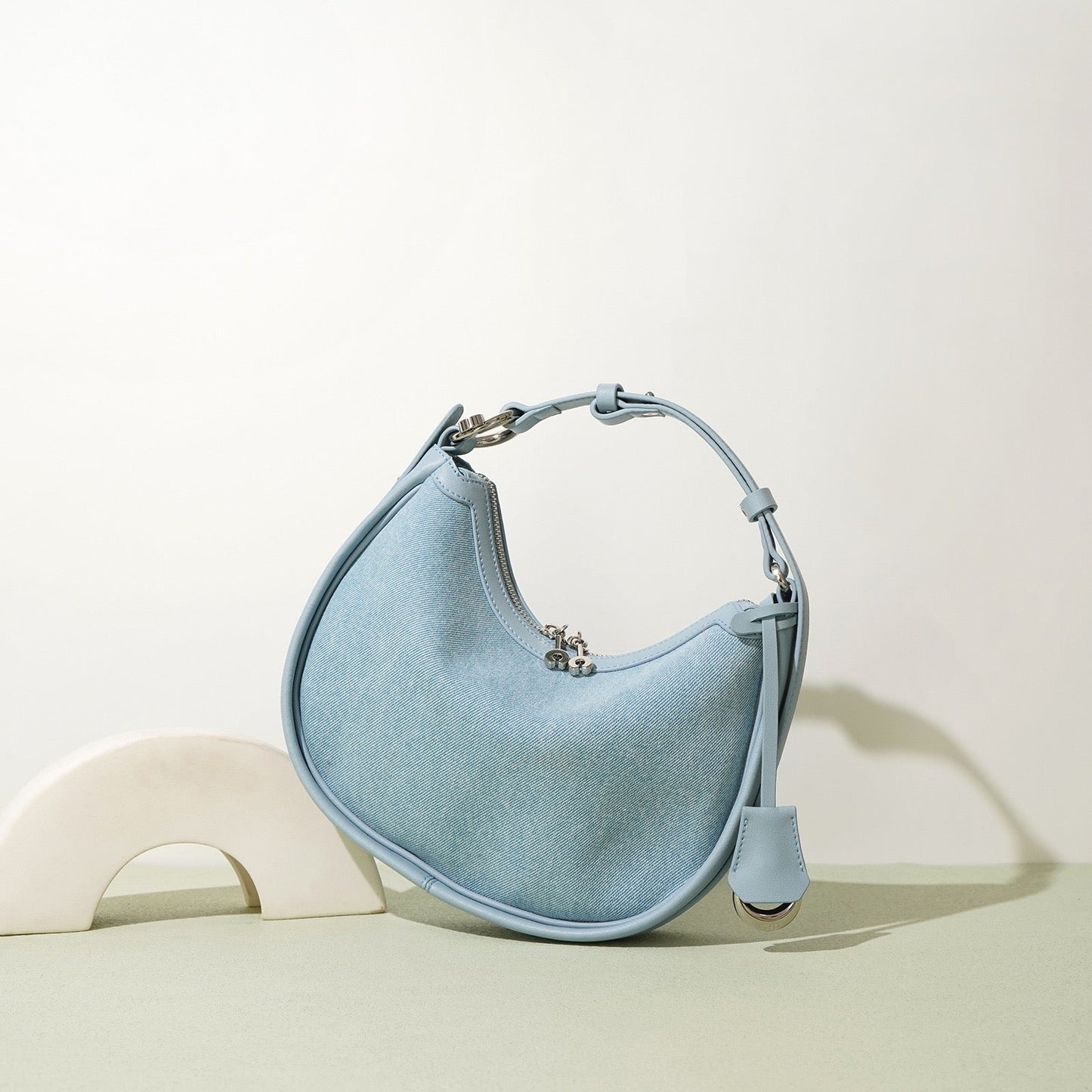 Women's Genuine Leather & Denim Crescent Shoulder Bag
