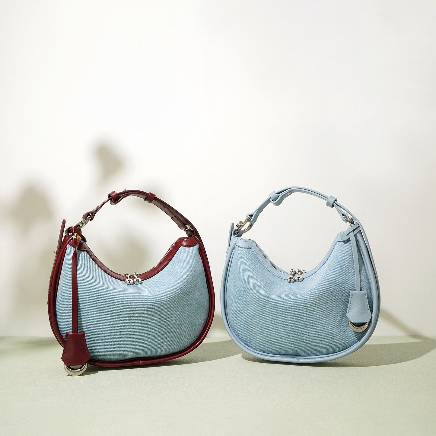 Women's Genuine Leather & Denim Crescent Shoulder Bag