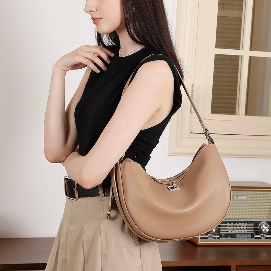 Women's Genuine Leather Crescent Shoulder Bag with Zipper Pocket