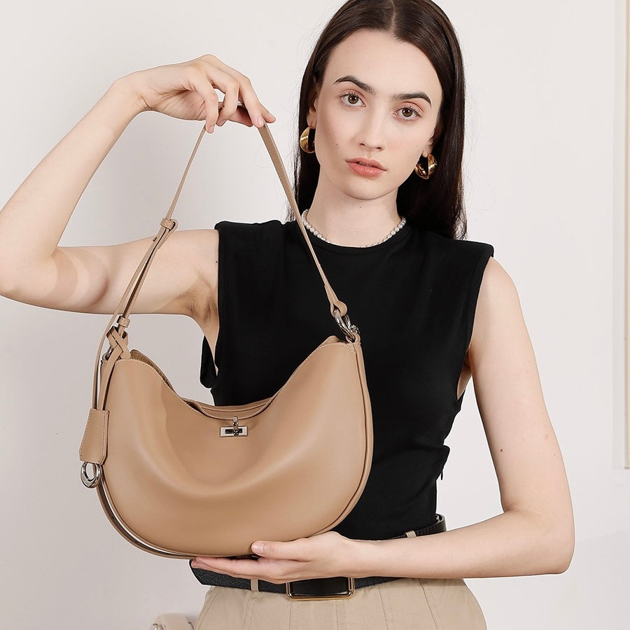 Women's Genuine Leather Crescent Shoulder Bag with Zipper Pocket
