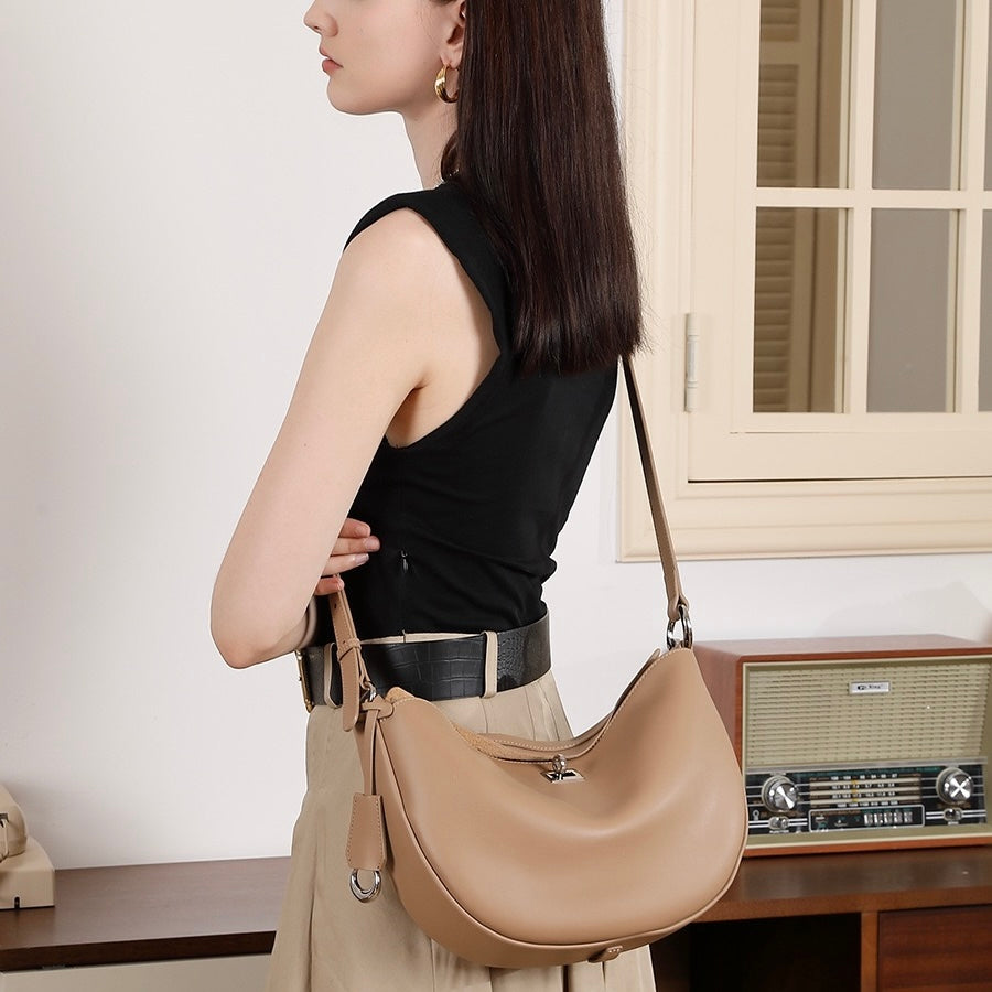 Women's Genuine Leather Crescent Shoulder Bag with Zipper Pocket