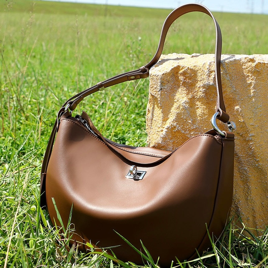 Women's Genuine Leather Crescent Shoulder Bag with Zipper Pocket