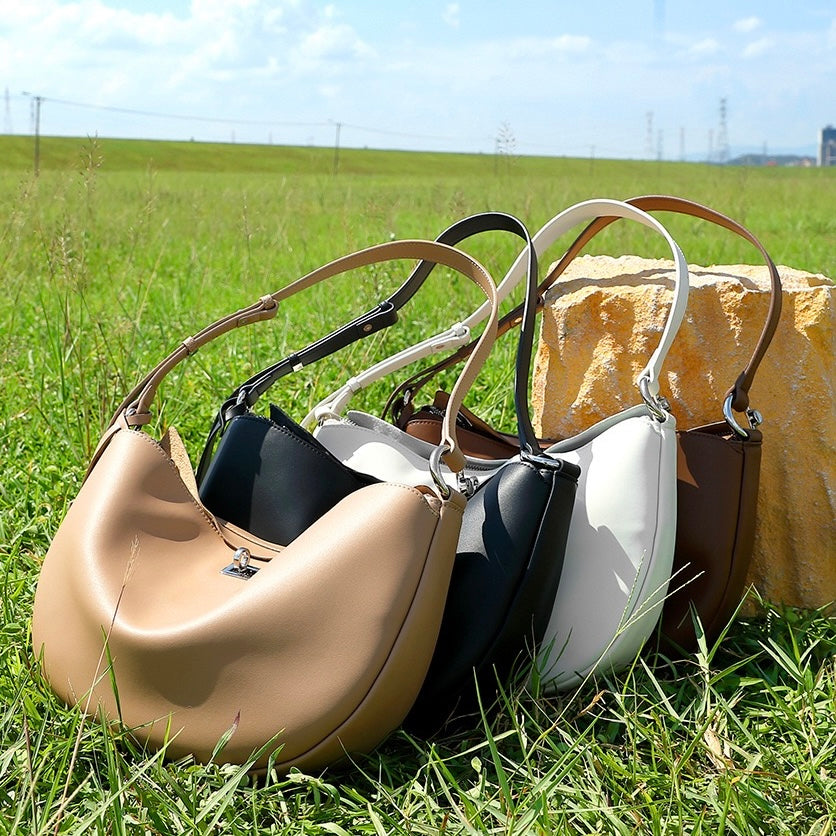 Women's Genuine Leather Crescent Shoulder Bag with Zipper Pocket