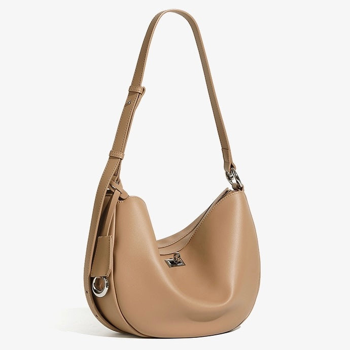 Women's Genuine Leather Crescent Shoulder Bag with Zipper Pocket