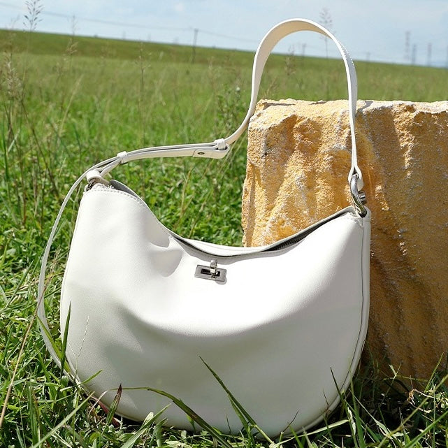Women's Genuine Leather Crescent Shoulder Bag with Zipper Pocket