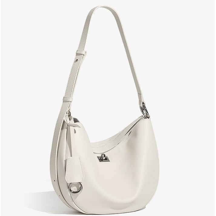 Women's Genuine Leather Crescent Shoulder Bag with Zipper Pocket