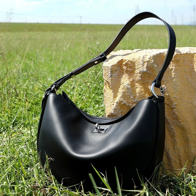 Women's Genuine Leather Crescent Shoulder Bag with Zipper Pocket